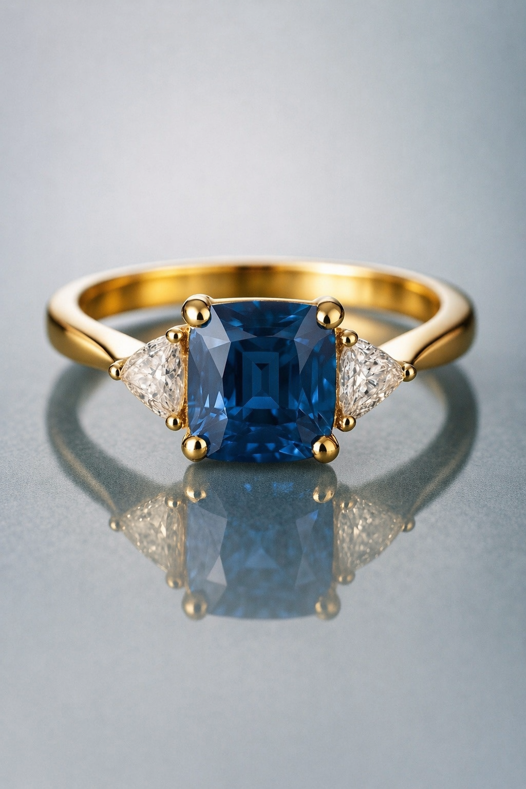 blue spinel diamond trilogy yellow gold ring