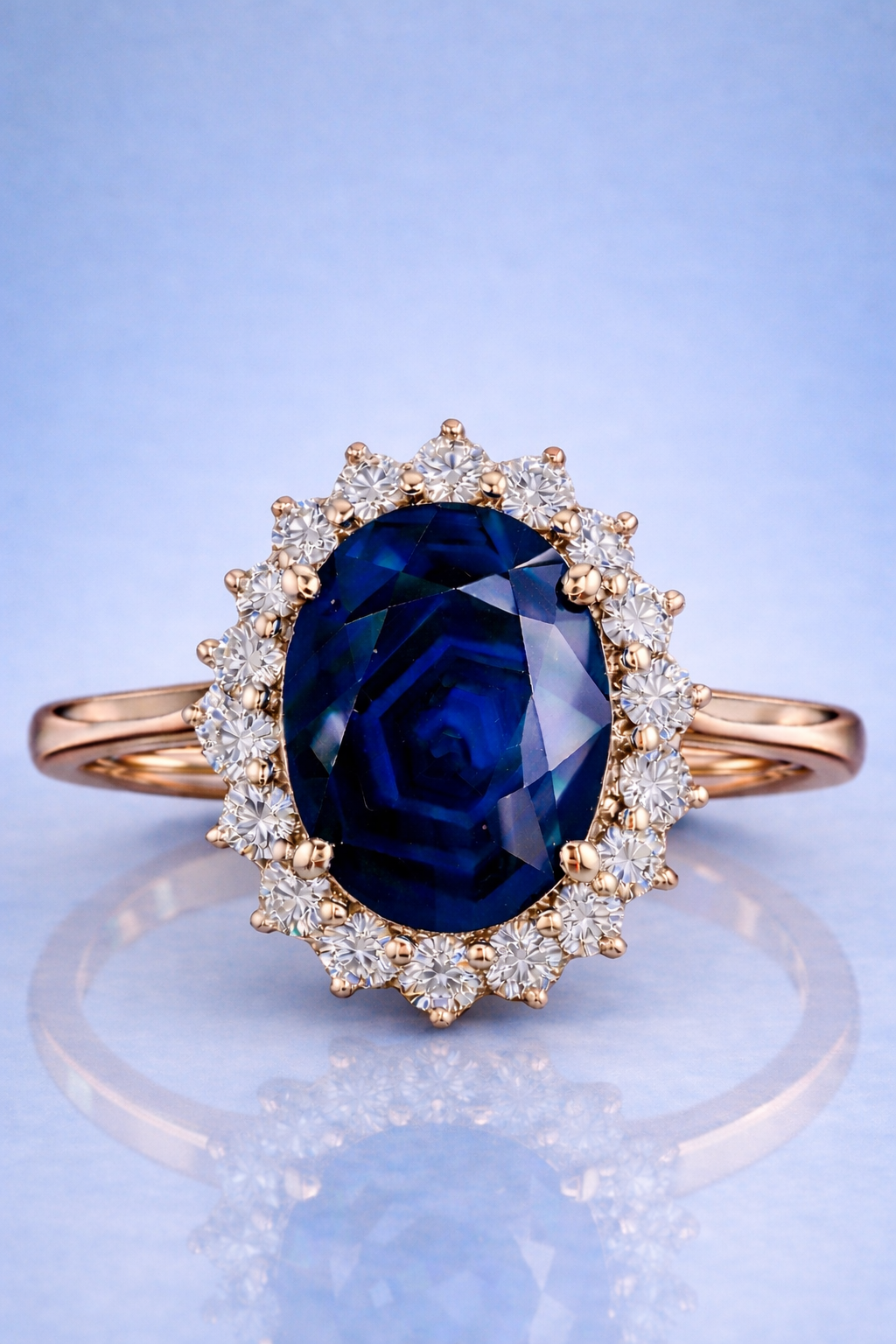 blue sapphire diamond halo rose gold ring