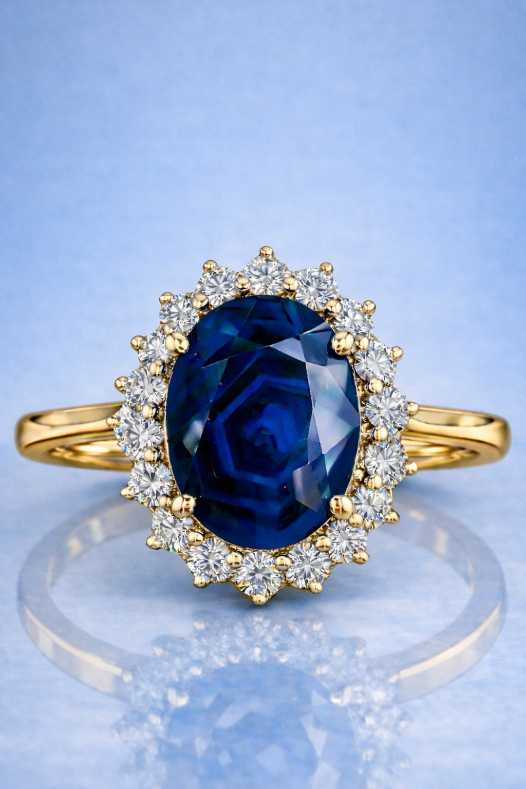 blue sapphire diamond halo yellow gold ring
