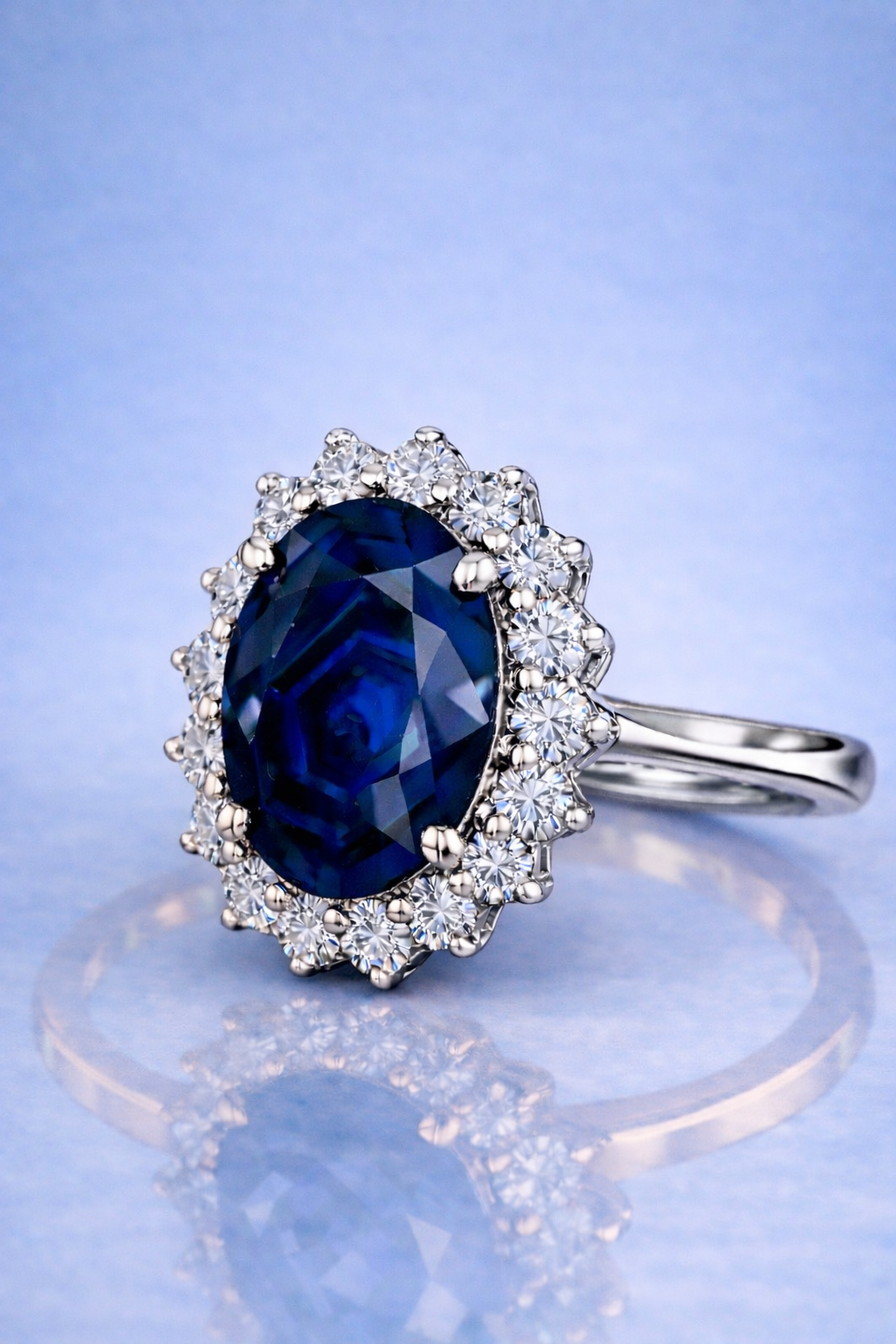 blue sapphire diamond halo platinum ring
