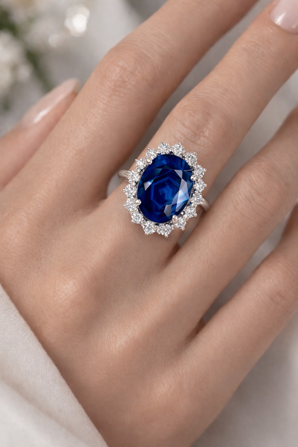 blue sapphire diamond halo white gold ring model