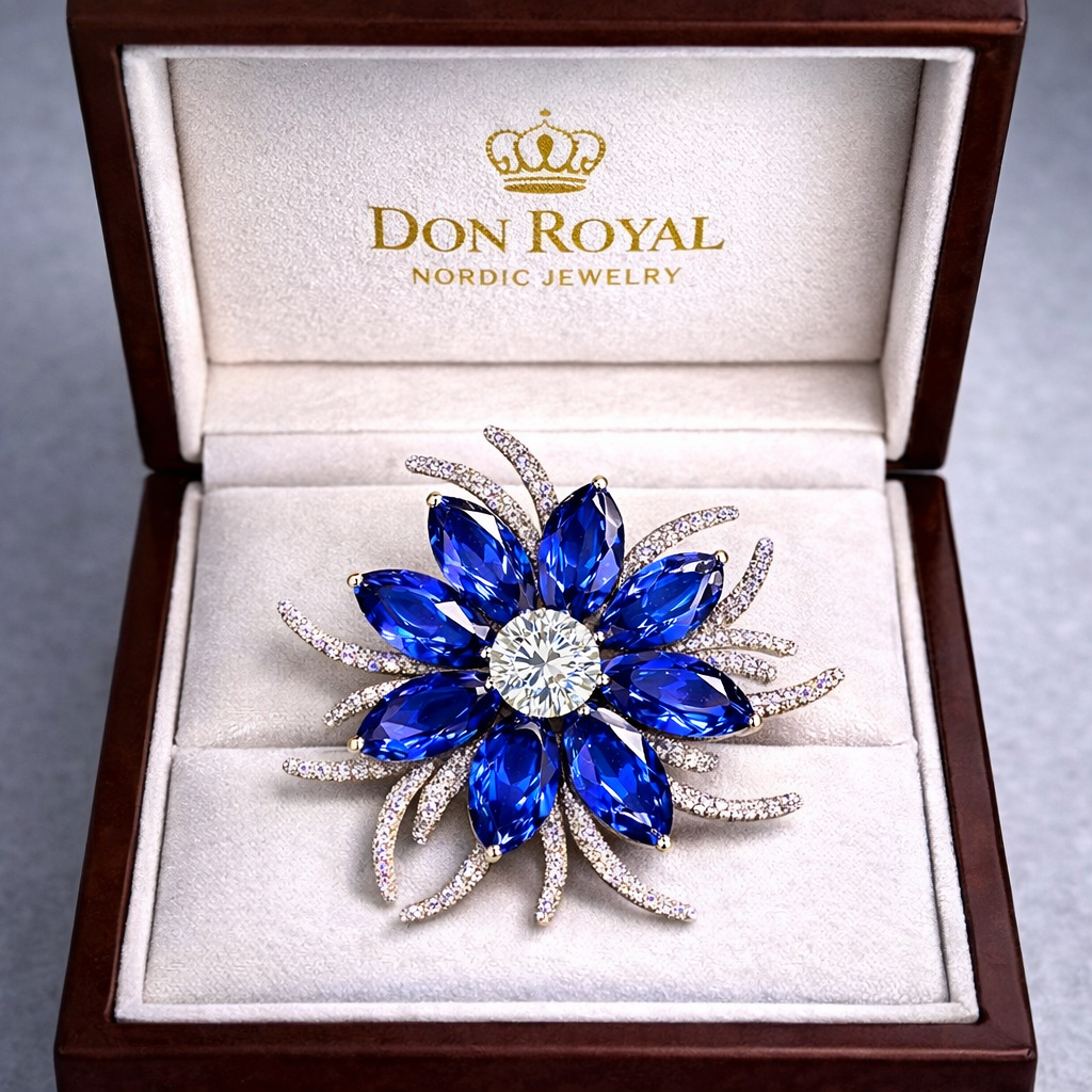 blue sapphire diamond brooch in box