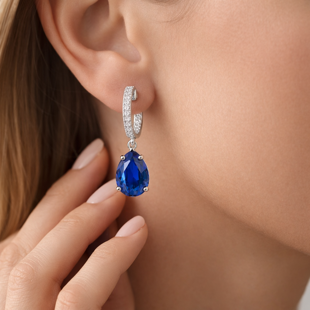 blue sapphire diamonf white gold hoop earrings model