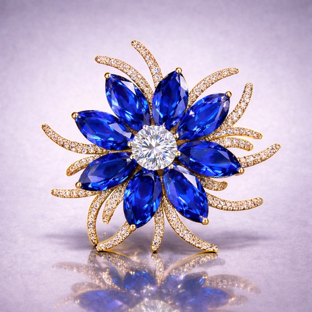 blue sapphire diamond rose gold brooch