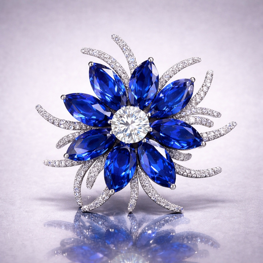 blue sapphire diamond white gold brooch