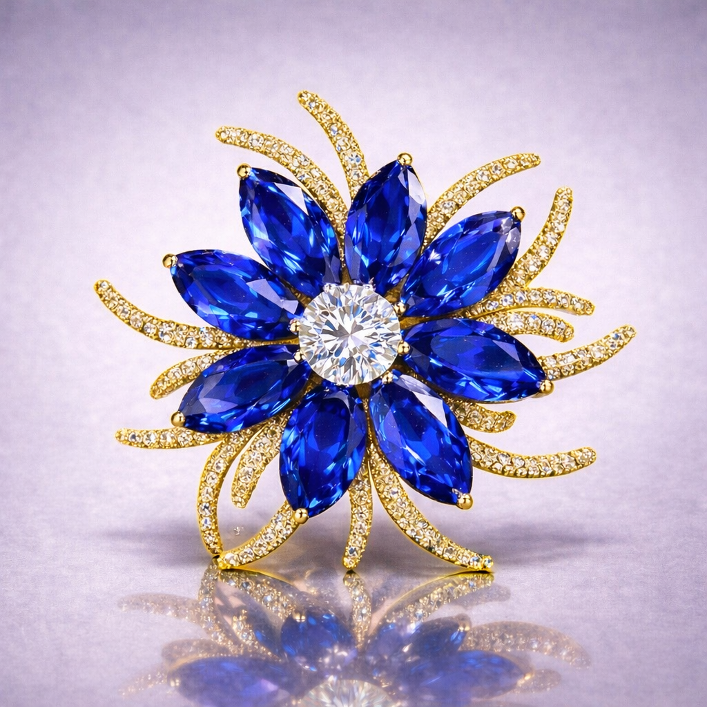 blue sapphire diamond yellow gold brooch