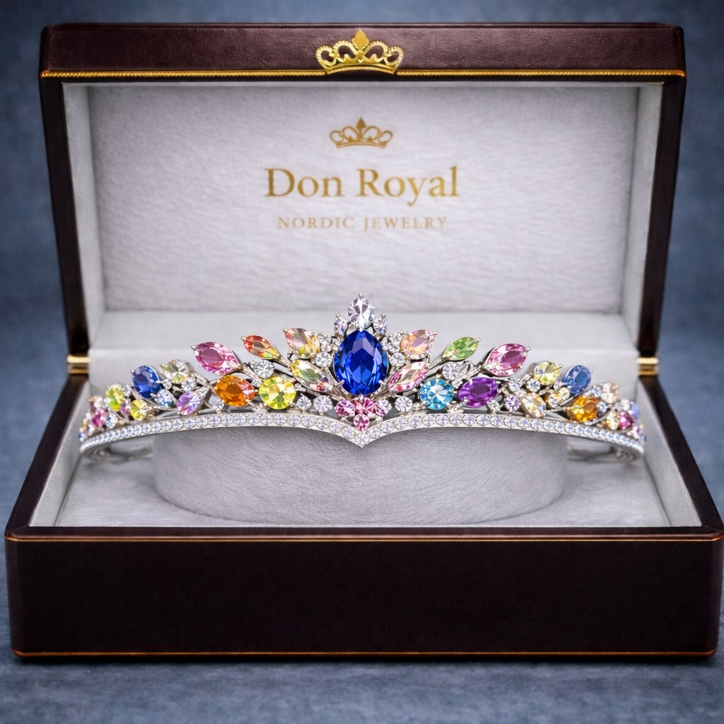 multicolor sapphire diamond white gold tiara in box