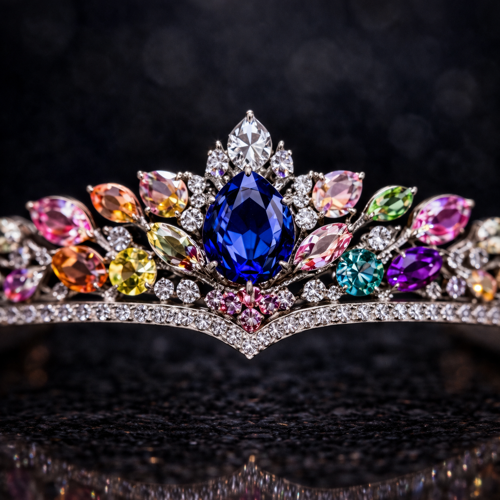 multicolor sapphire diamond white gold tiara macro