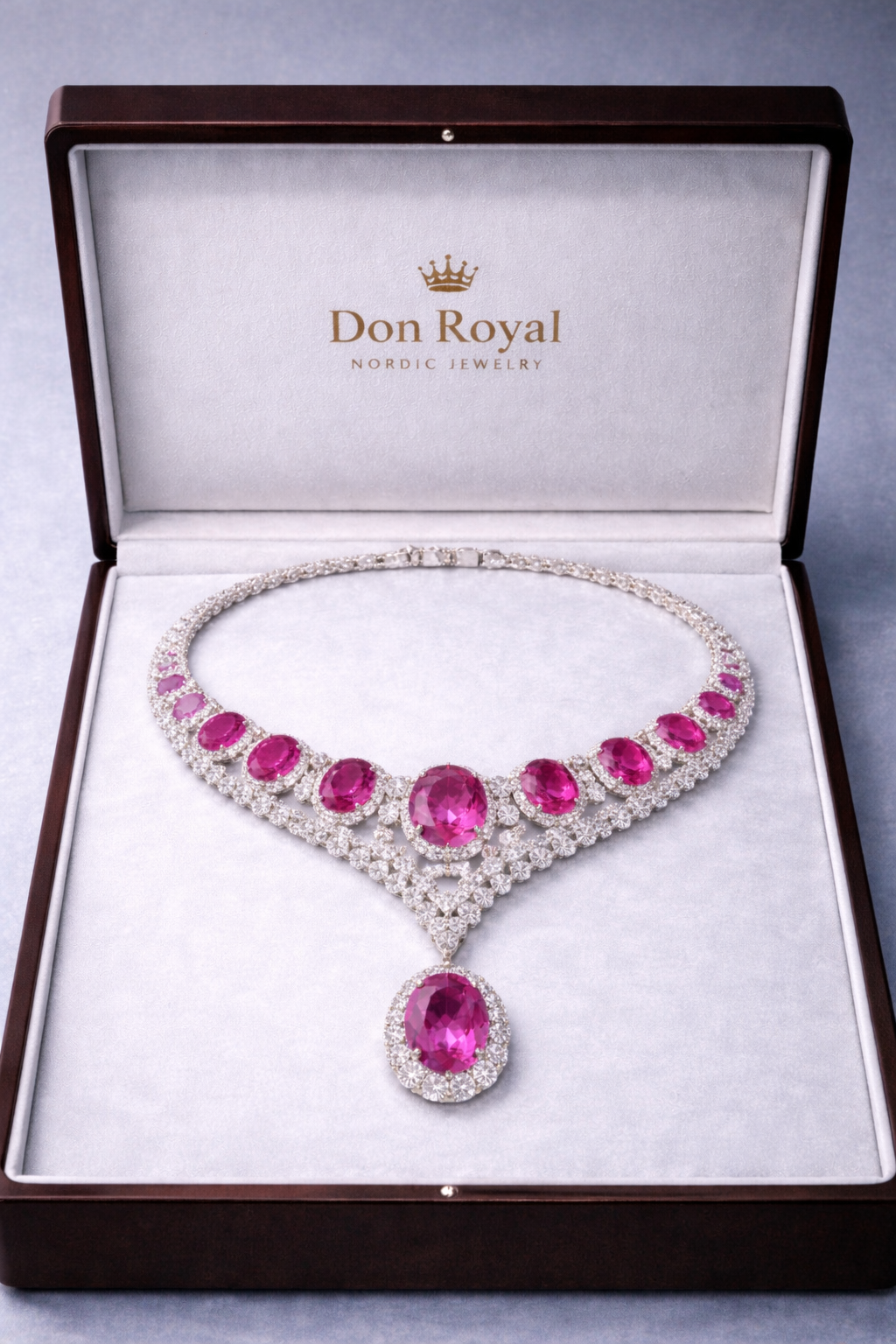 pink sapphire diamond white gold necklace in box
