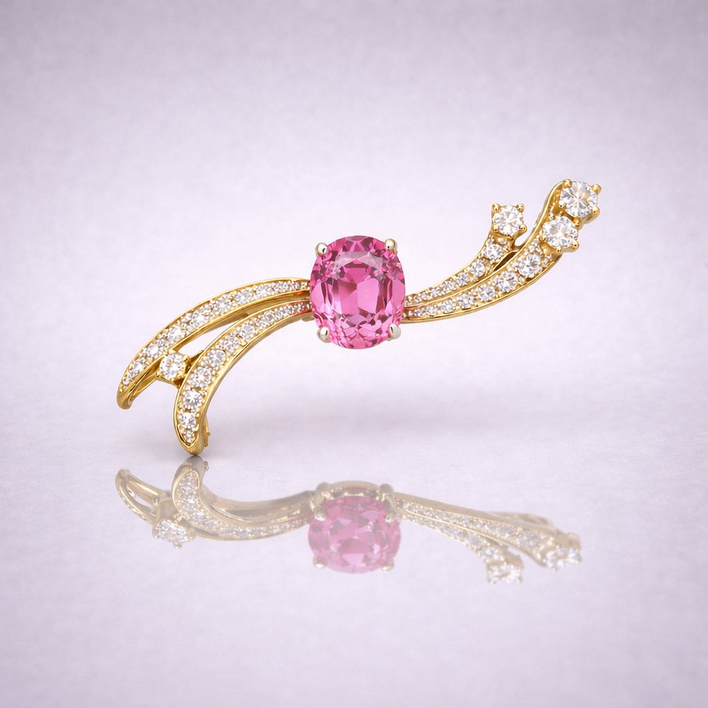 pink sapphire diamond yellow gold brooch