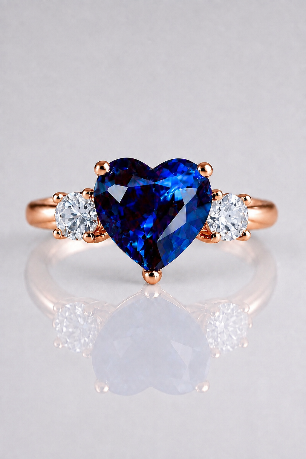 Eternal Heart blue sapphire diamond three-stone rose gold ring