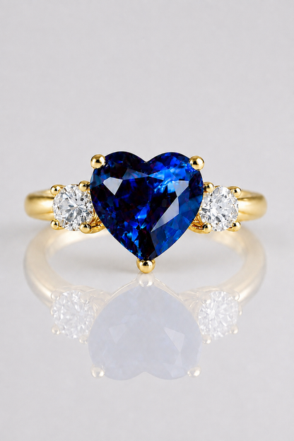 Eternal Heart blue sapphire diamond three-stone yellow gold ring