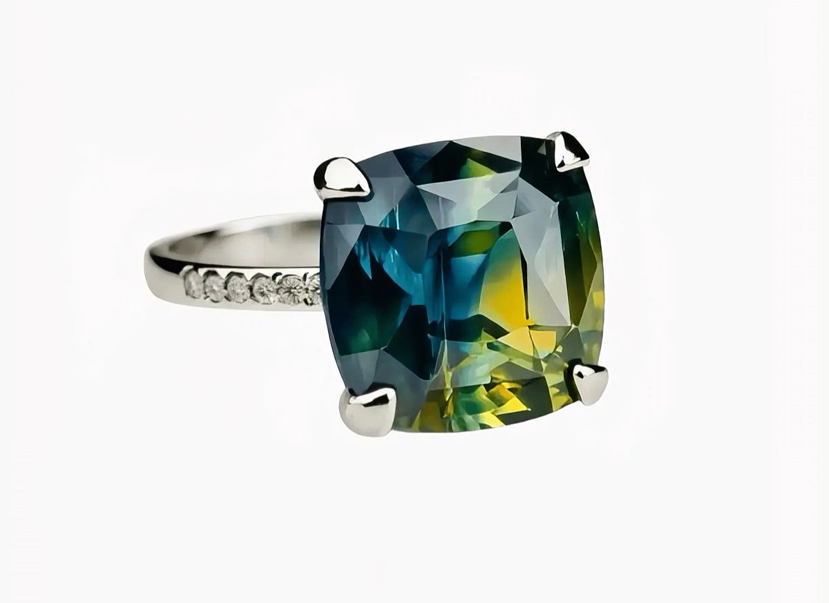 GIA certified bicolor sapphire and diamond Aurora ring handcrafted by Don Royal in white, yellow or rose gold and platinum