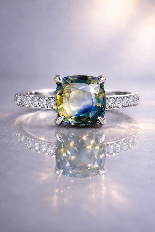 GIA certified bicolor sapphire ring in white gold 
