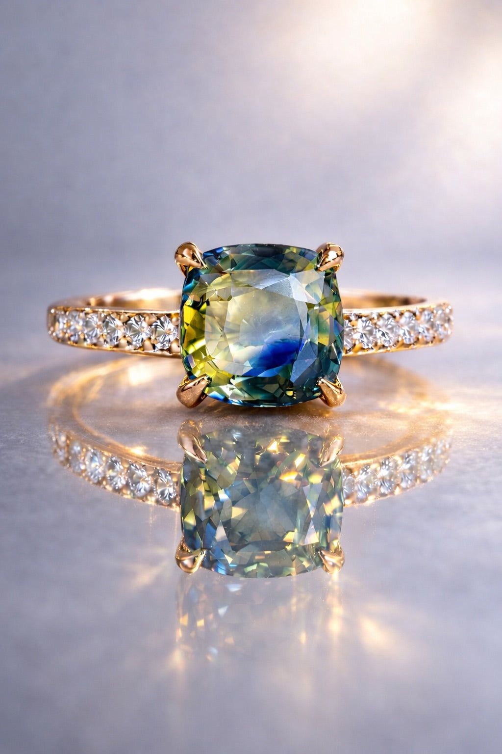 GIA certified bicolor sapphire ring in yellow gold