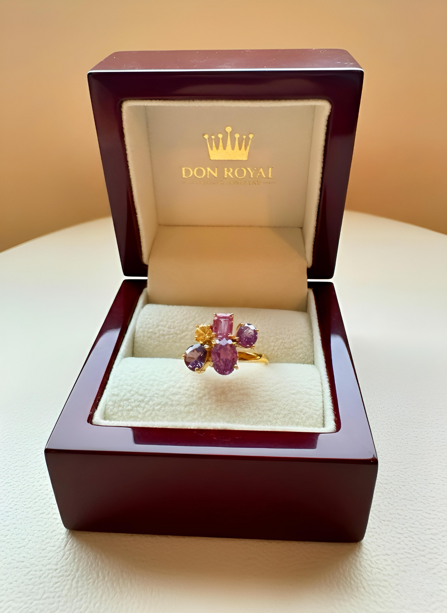 Luxury multicolor sapphire ring in jewelry box