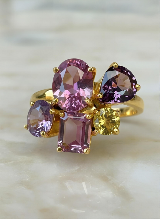 pink purple sapphire yellow gold ring