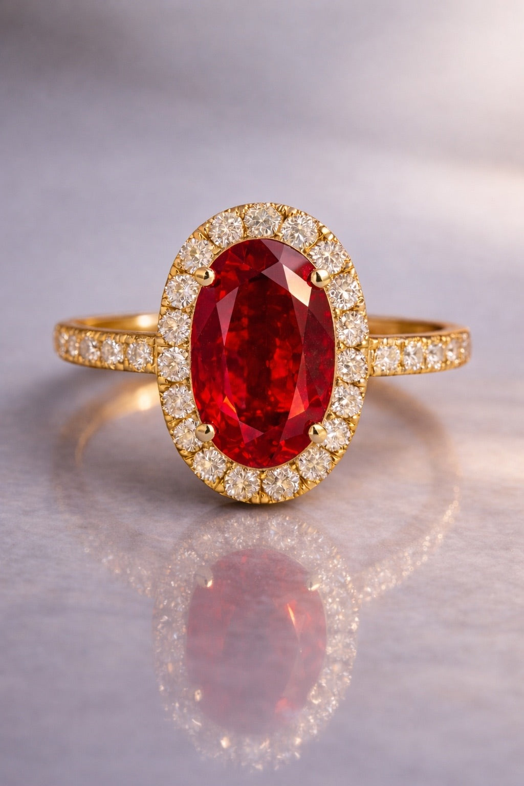 ruby diamond halo yellow gold ring