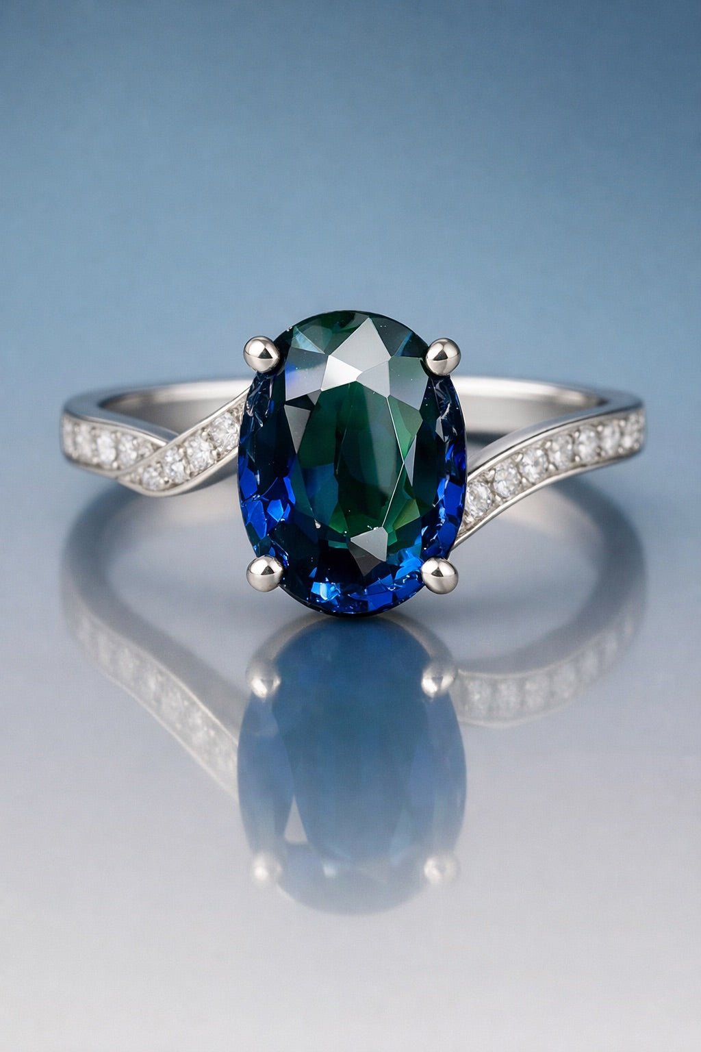 Royal Blue sapphire and diamond ring in white gold