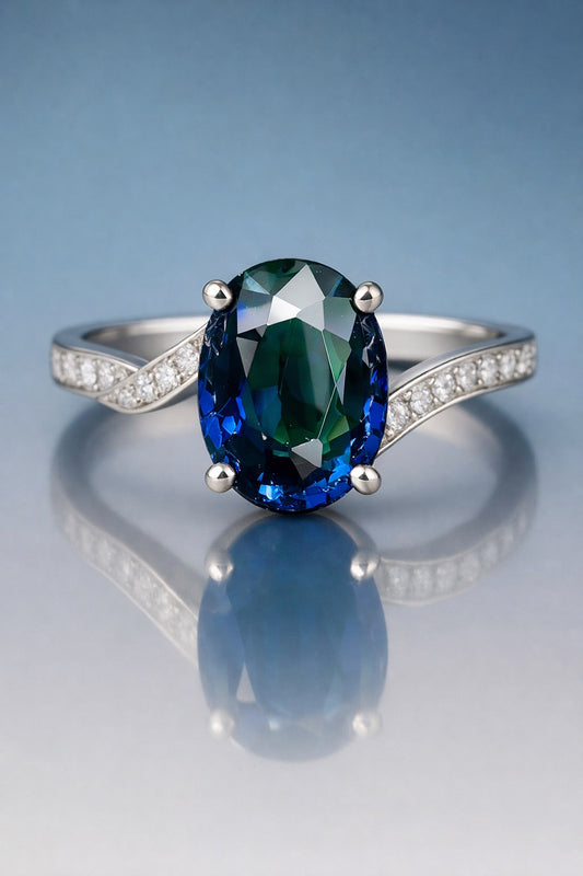 Royal Blue sapphire and diamond ring in white gold