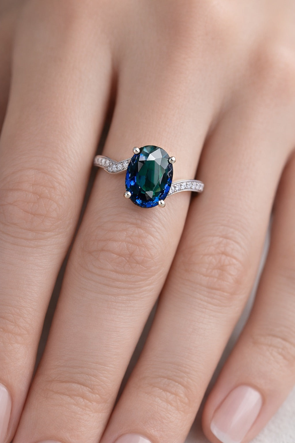 Royal Blue sapphire and diamond ring in white gold on hand
