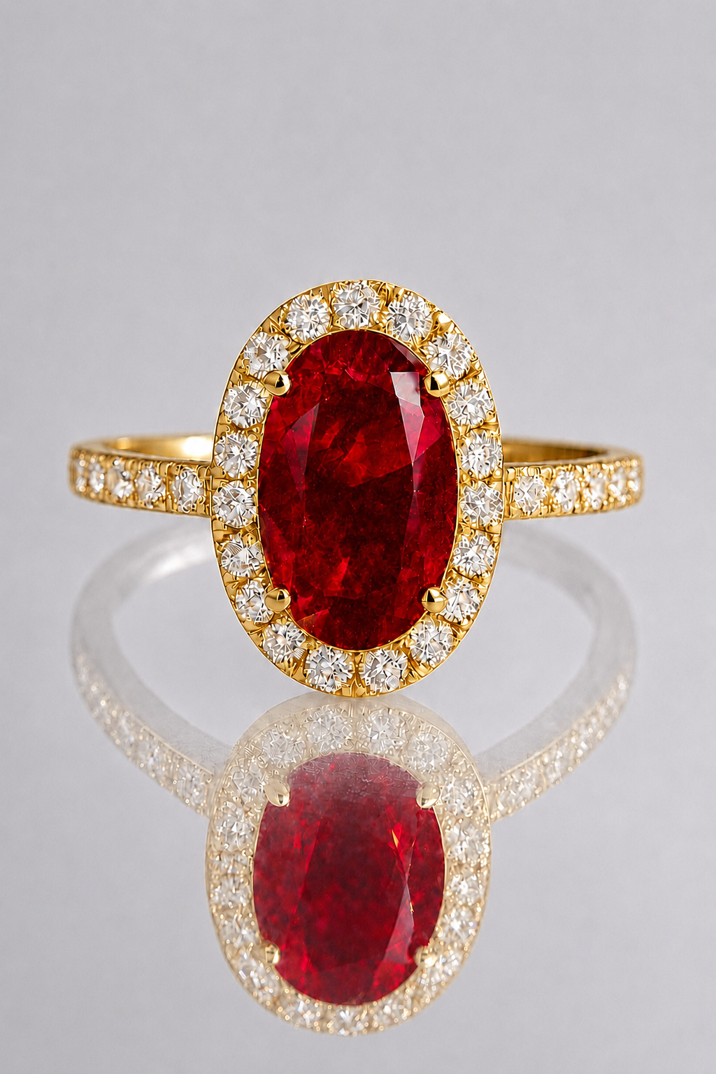 natural unheates red ruby diamond halo yellow gold ring