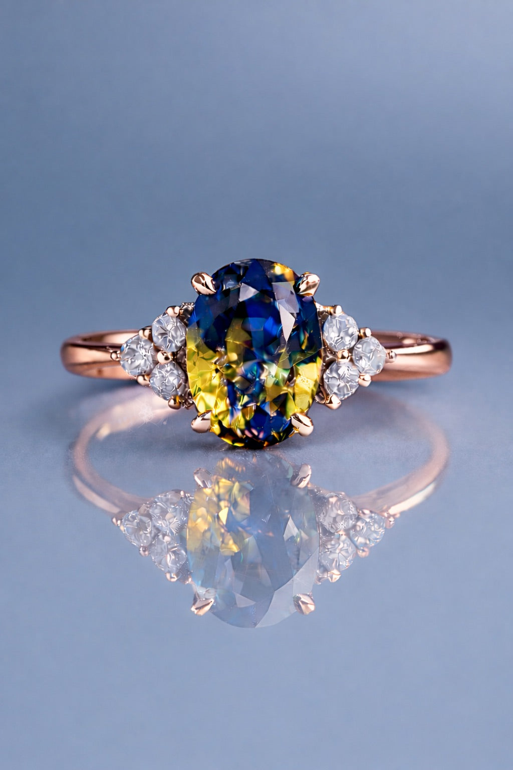 Natural unheated bicolor sapphire and diamond ring in rose gold