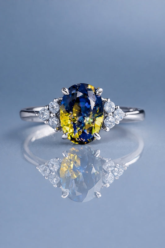 Natural unheated bicolor sapphire and diamond ring in white gold