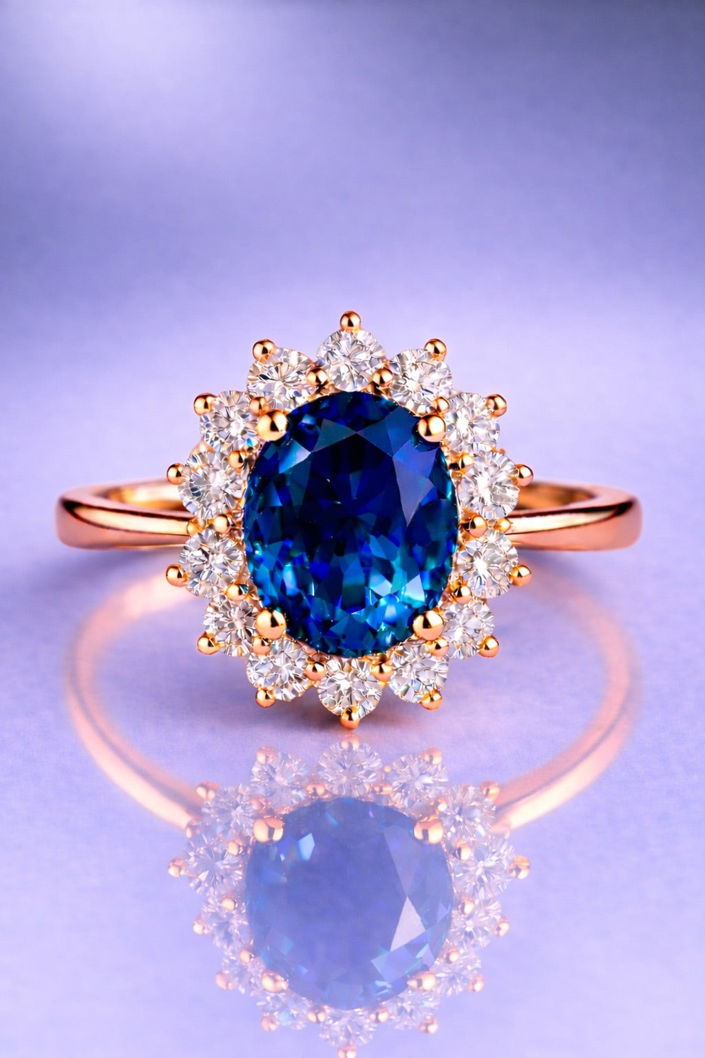 Unheated blue sapphire halo ring in rose gold