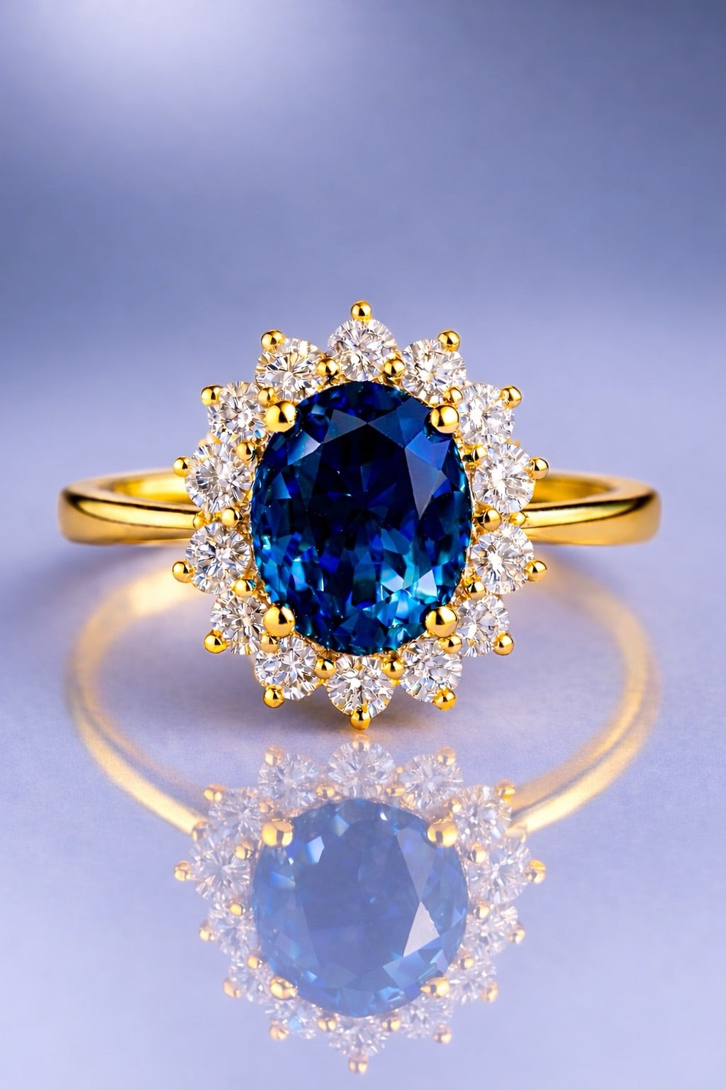 Unheated blue sapphire halo ring in yellow gold