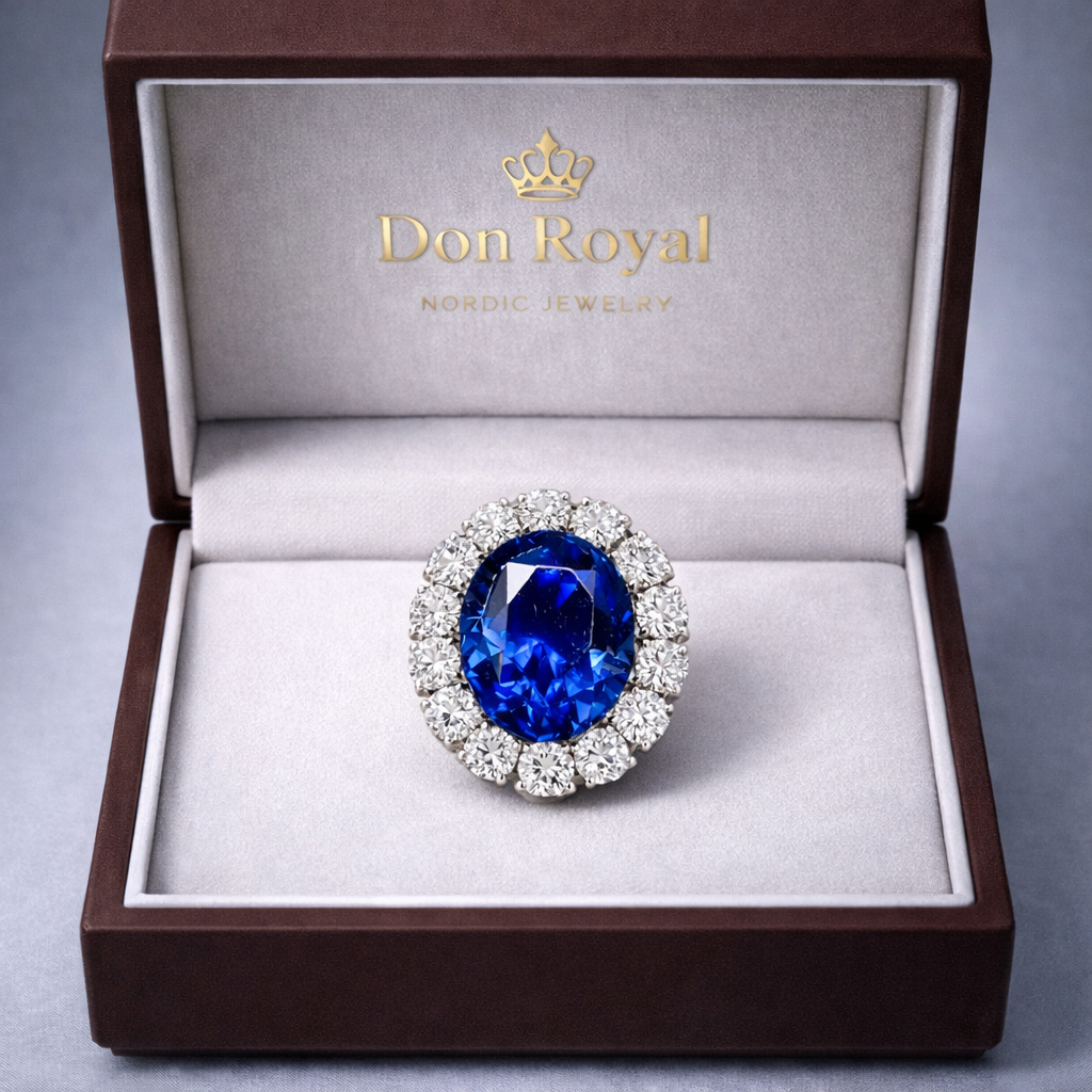 royal blue sapphire diamond halo brooch in box