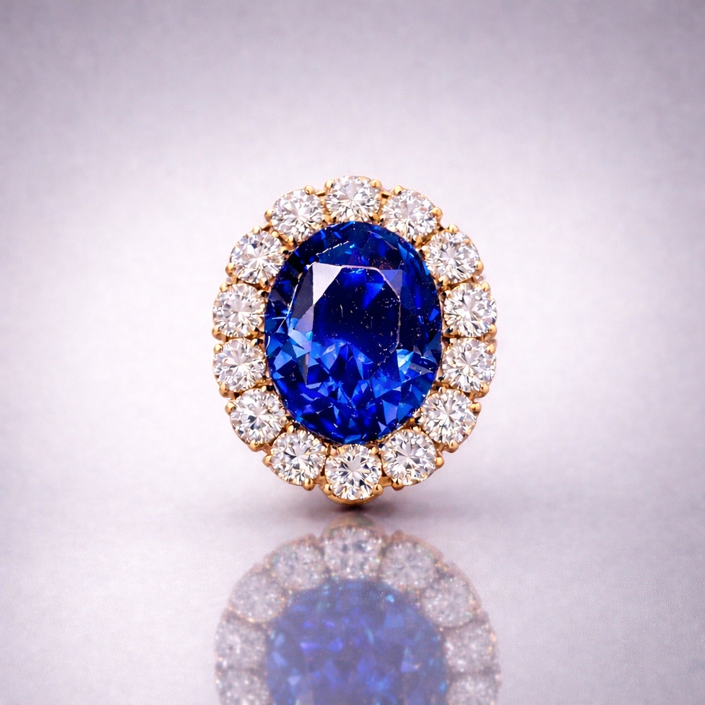 royal blue sapphire diamond halo rose gold brooch