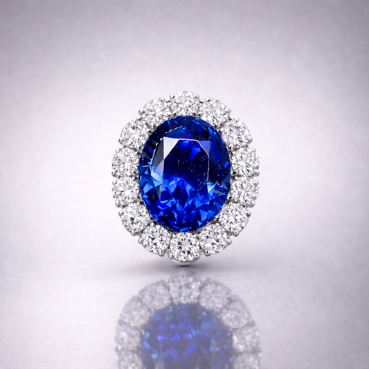 royal blue sapphire diamond halo white gold brooch