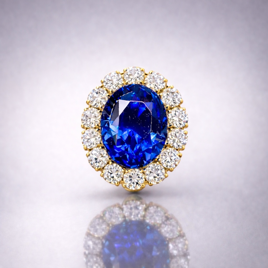 royal blue sapphire diamond halo yellow gold brooch