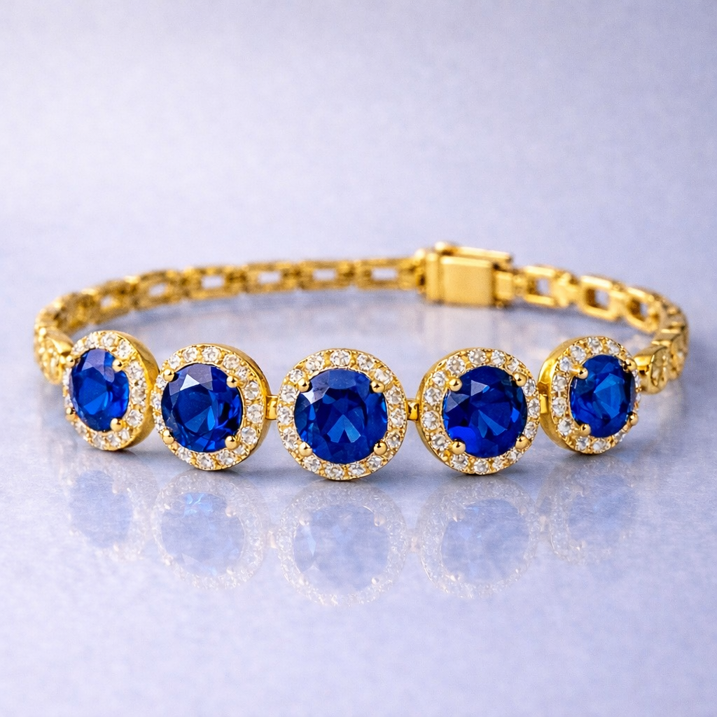 blue sapphire halo diamond yellow gold bracelet