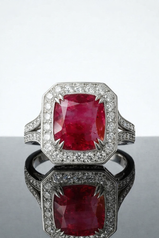 Imperial egacy-ruby ring featuring natural 5 carat red ruby surrounded by diamonds
