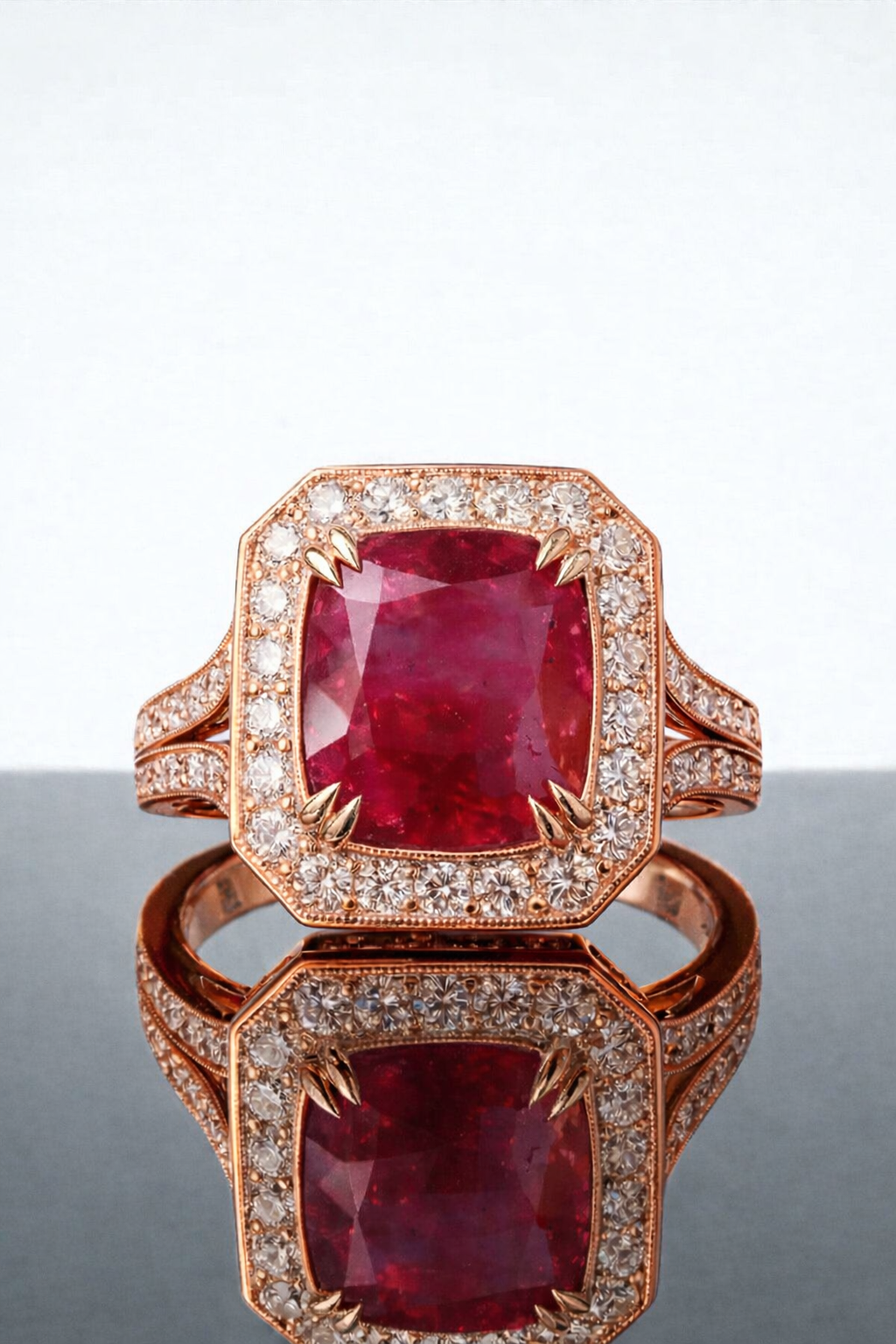 Imperial egacy-ruby ring featuring natural 5 carat red ruby surrounded by diamonds rose gold