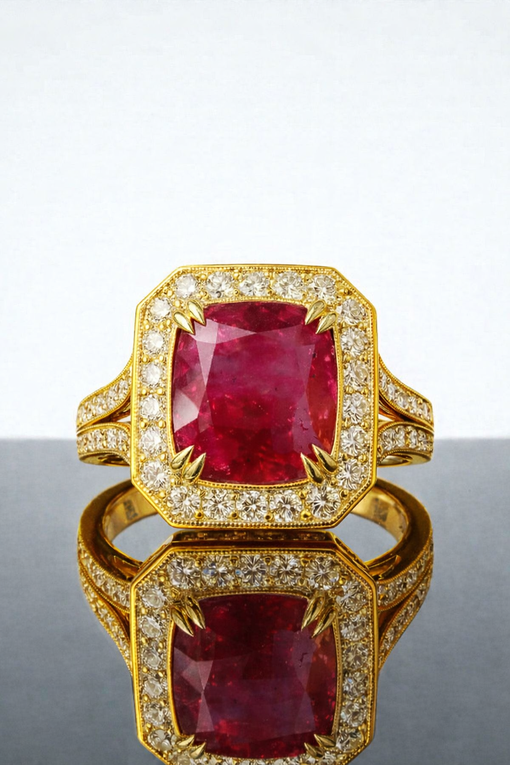 Imperial egacy-ruby ring featuring natural 5 carat red ruby surrounded by diamonds yellow gold