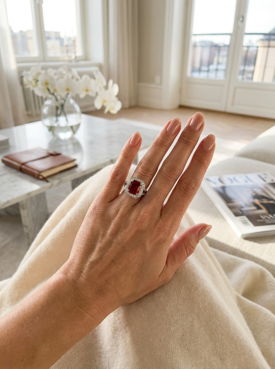 Imperial egacy-ruby ring featuring natural 5 carat red ruby surrounded by diamonds on hand real