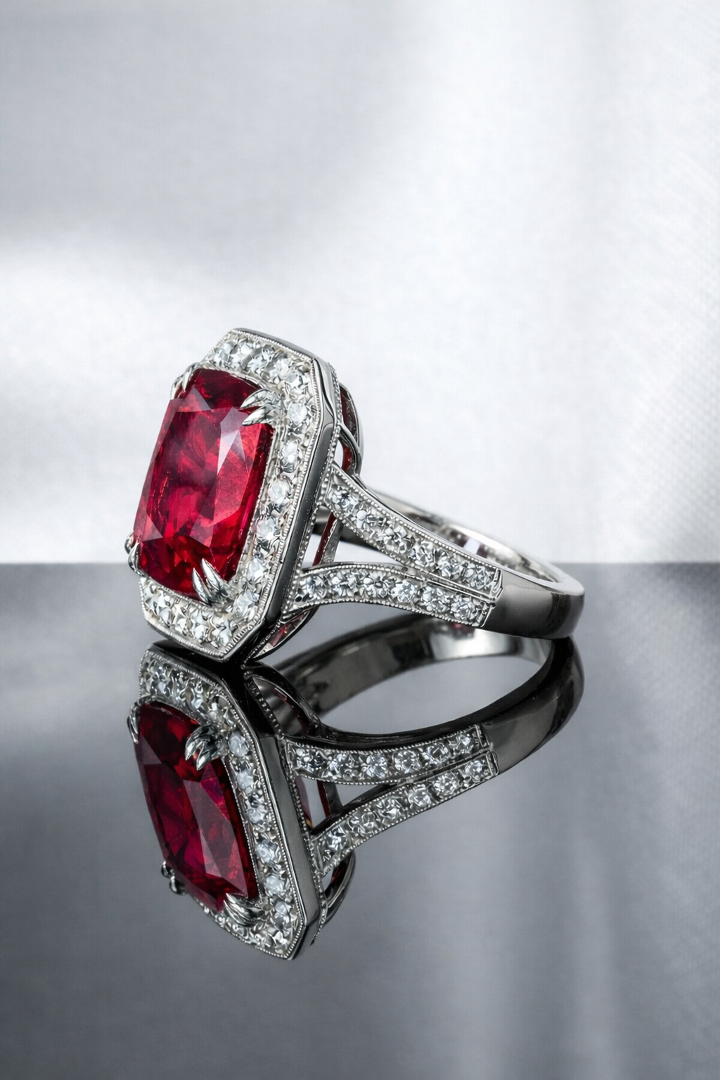 Imperial egacy-ruby ring featuring natural 5 carat red ruby surrounded by diamonds side