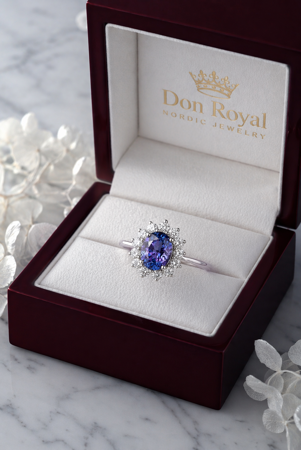 lavender spinel diamond gold ring in box