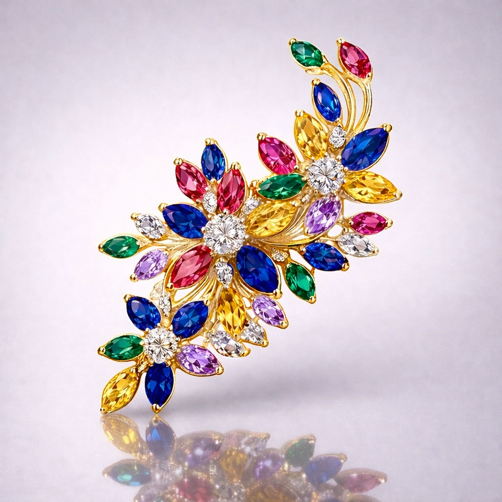  multicolored sapphire diamond yellow gold brooch