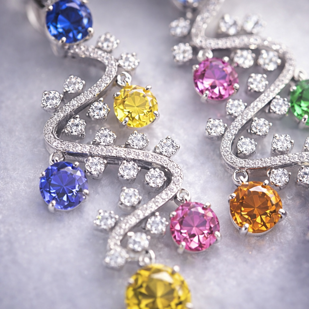 multicolor sapphire diamond platinum earrings macro