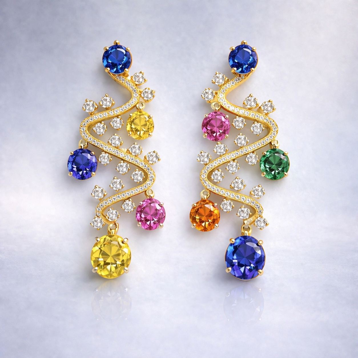 multicolor sapphire diamond yellow gold earrings