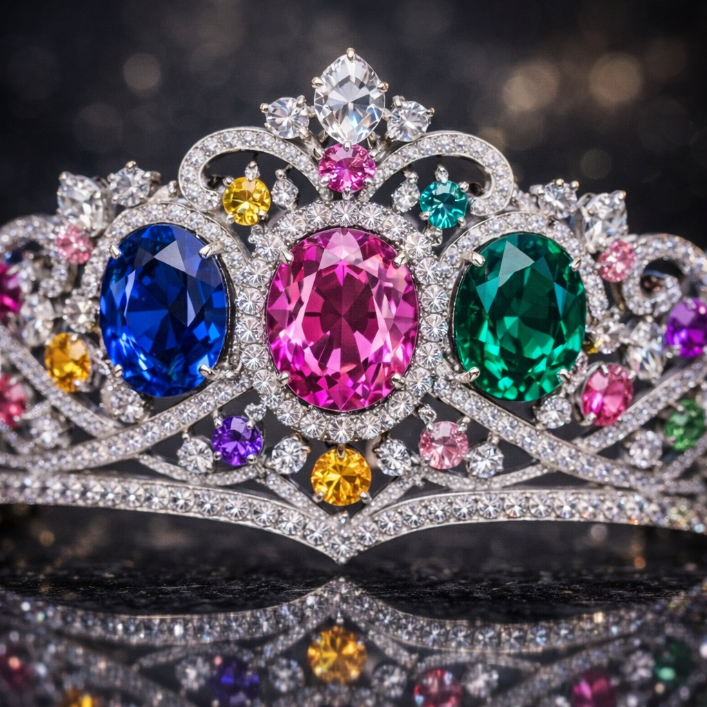 multicolor sapphire diamond white gold tiara macro