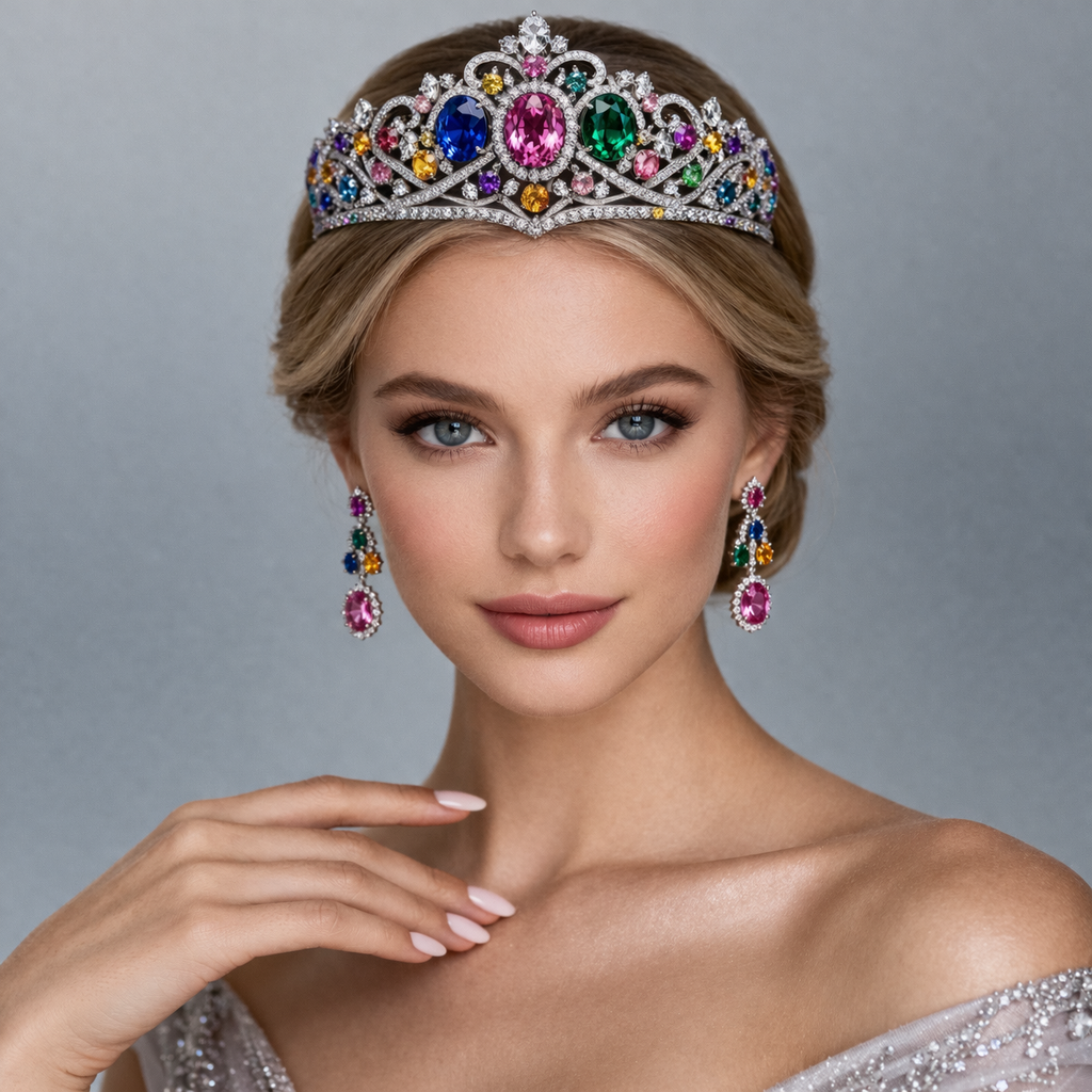 multicolor sapphire diamond white gold tiara model