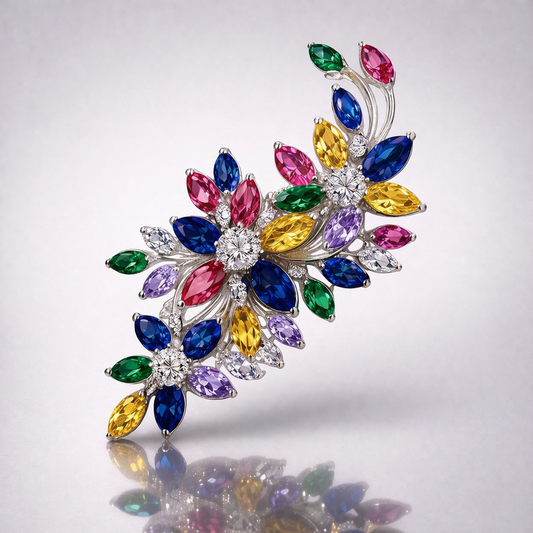 multicolored sapphire diamond white gold brooch