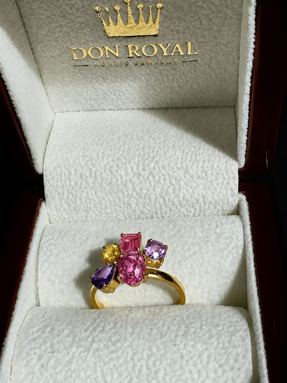 natural pink violet padparadscha sapphire trilogy yellow gold ring