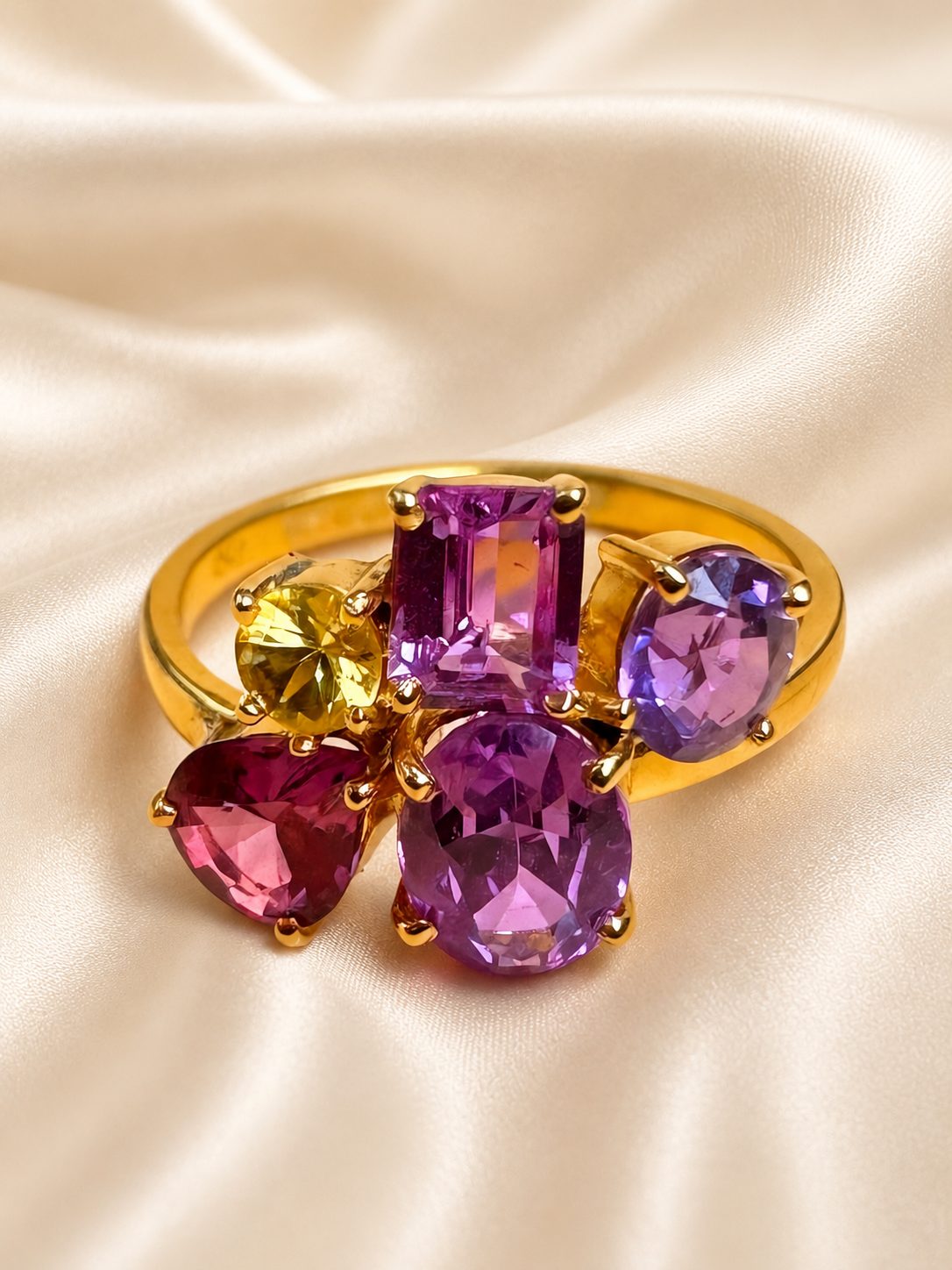 natural unheated pink violet yellow sapphire yellow gold ring