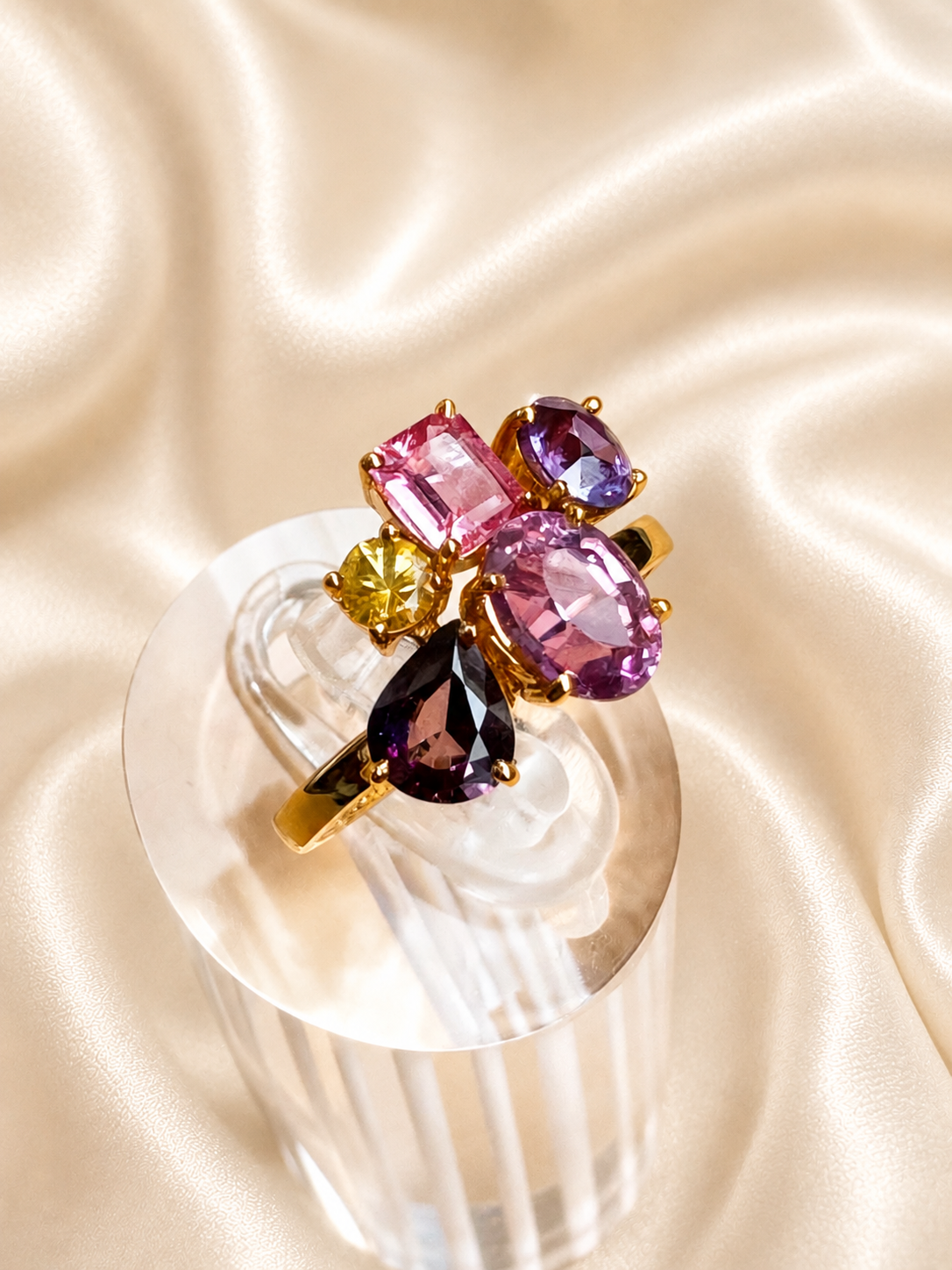 natural pink violet padparadscha sapphire trilogy yellow gold ring